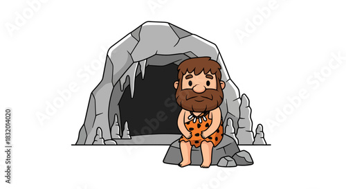 Cartoon caveman sitting near cave entrance offering a glimpse into prehistoric lifestyle and era