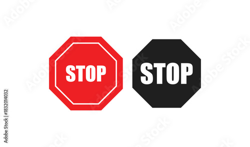 Red and black octagon stop signs with white text