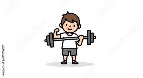 Cartoon character lifting barbell showcasing youthful strength and determination in exercise