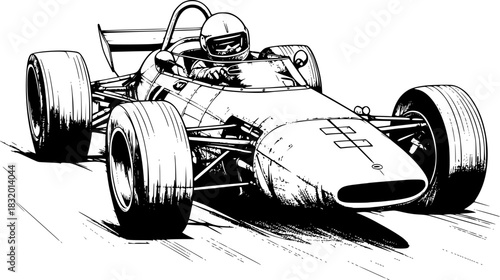 Retro race car with open cockpit and large tires in hand drawn black and white outline illustration artwork