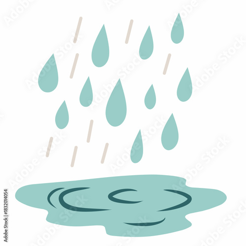 Raindrops and puddle in cute flat style for rainy weather designs