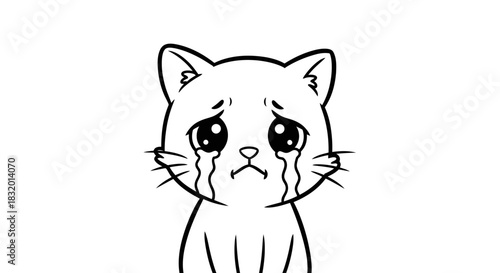 Cartoon crying kitten with tearful eyes, expressive face, vector illustration and sadness concept