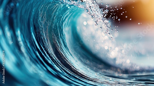 Fototapeta Naklejka Na Ścianę i Meble -  Close-up of a powerful ocean wave cresting with water droplets and sunlight.