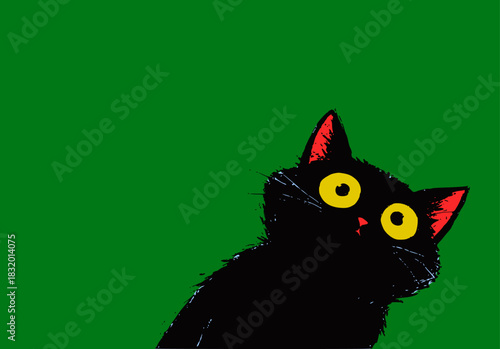 Curious black cat with staring eyes on vibrant colorful background in pop art style