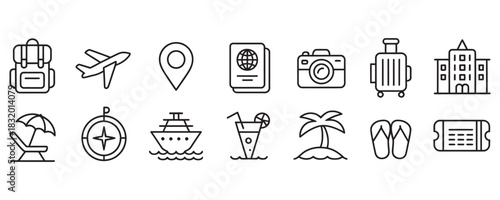 Plan your next adventure with these icons of travel and vacation destinations including tropical islands, cruise ships, passports and flights