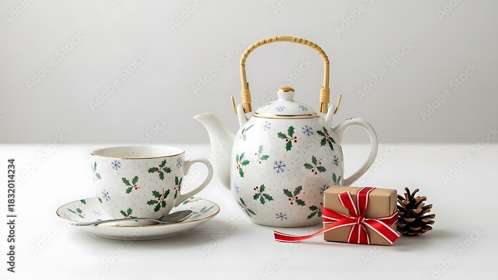 Fototapeta premium Festive Christmas tea set with holly and snowflake design, gift and pinecone