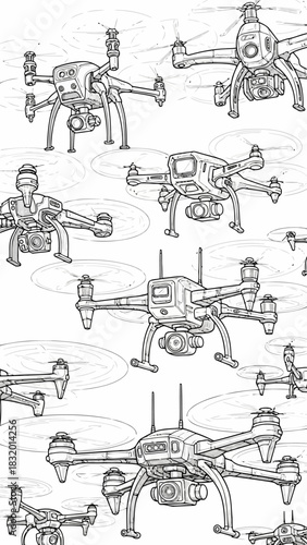 Drone Collection with Modern Unmanned Aerial Vehicle in Detailed Line Art Vector Illustration Isolated on White Background Featuring Remote Control Technology