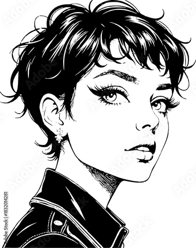 Black and white fashion illustration of a young woman with short, wavy hair, drawn with expressive ink lines and fine detail