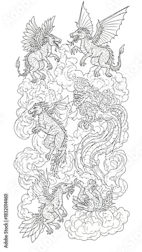 Illustration of Mythical Dragons in Intricate Line Art Showcasing Fantasy Creatures and Asian Inspired Design Suitable for Tattoo and Graphic Novel Designs