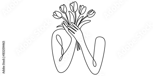 One line art drawing of hands holding a tulip bouquet, minimalist style conveying grace, spring, and the beauty of nature's simple forms. Vector, illustration