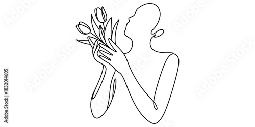 One continuous line art drawing of elegant woman holding and gently smelling fresh tulips, symbolizing spring, nature, tranquility, and inner peace Vector, illustration