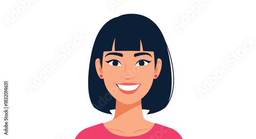 Vector illustration portrait of a beautiful smiling young woman with a stylish black bob haircut and friendly brown eyes.