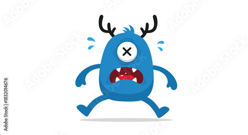 Funny cartoon illustration of a scared blue one-eyed monster character with antlers sweating in fear on a white background.