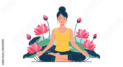 Serene woman practicing yoga meditation in the lotus position surrounded by beautiful blooming pink lotus flowers and leaves.