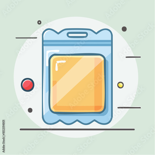Illustrated Blue Plastic Packaging With Yellow Square Content Inside on Light Green Background