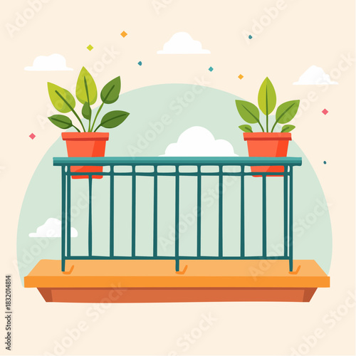 Two Green Potted Plants on a Teal Balcony Railing Under a Cloudy Sky with Colorful Decorations