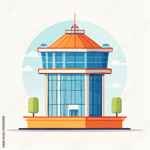 Modern Glass Office Building with Orange Roof and Green Trees on Sunny Day