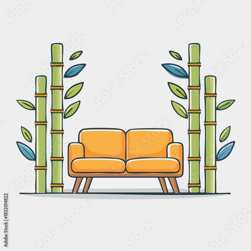 Bright Orange Two Seater Sofa Framed By Tall Green Bamboo Stalks With Blue and Green Leaves Against A Light Gray Background Minimalist Style