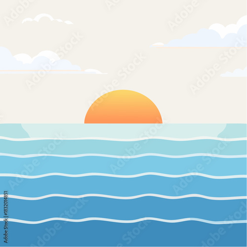 Pixel Art Ocean Sunset With Gentle Waves Under A Pale Orange Sky With Soft Clouds And A Bright Orange Sun Disk Descending Over The Horizon