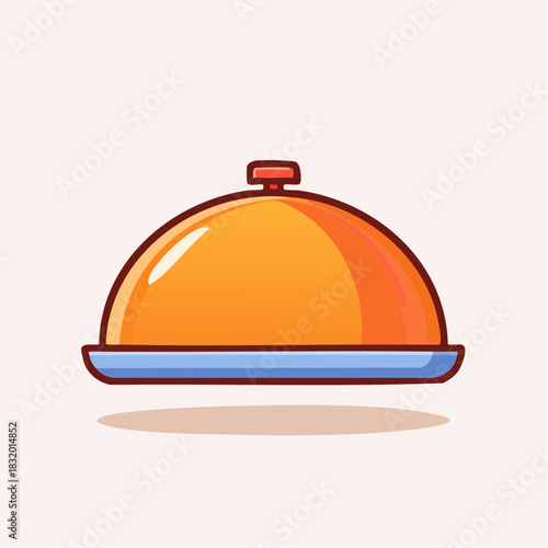 Stylized Illustration of a Closed Food Serving Cloche with Orange Dome and Blue Plate on a Light Background
