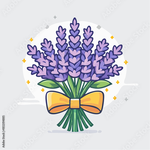A Pixel Art Illustration of a Lavender Bouquet Tied with a Yellow Ribbon Against a Light Gray Background with Sparkles