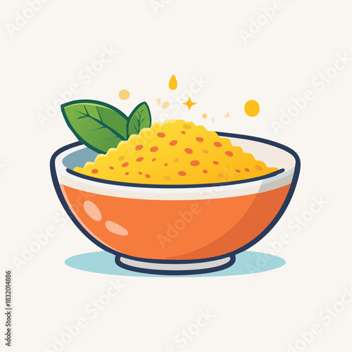 Bowl Of Yellow Grains With Green Leaf And Sparkles Minimalist Illustration With White Background