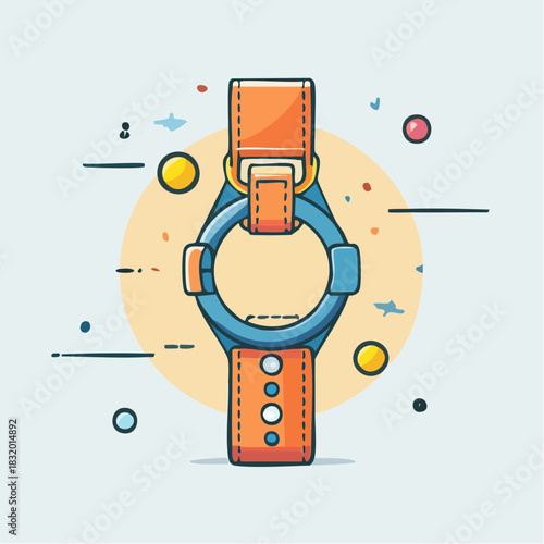 Flat Design Illustration of a Wristwatch with Orange Straps and Blue Casing Against a Light Blue Background with Yellow Circle and Scattered Dots