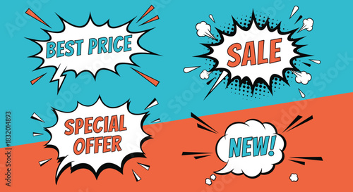 Collection of retro comic book style speech bubbles with promotional text like sale new and best price for marketing design.