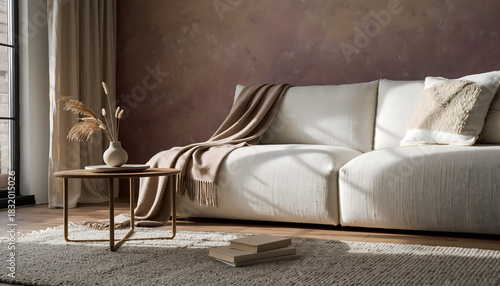 Modern living room interior featuring a white sofa with a beige throw blanket, a wooden coffee table, and a vase with dried plants against a textured wall.