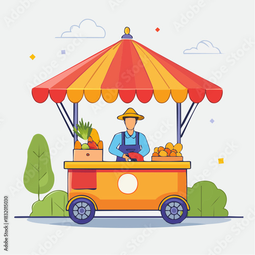 Farmer Standing Behind A Colorful Fruit And Vegetable Stall Under A Striped Umbrella On A Sunny Day