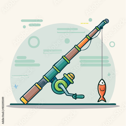 Fishing Rod With Reel And Small Orange Fish On A Line Set Against A Soft Pastel Background With Abstract Shapes And Light Green Accents