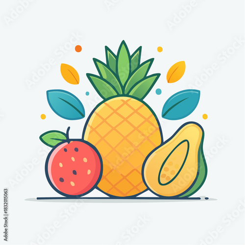 Vibrant Tropical Fruits Pineapple Guava And Papaya With Leaves And Dots In Flat Design Style On White Background