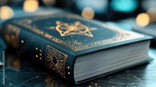 Close-up of a richly decorated book with gold embellishments, resting on a dark surface. The book's cover features intricate designs, and the lighting creates a