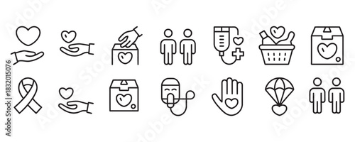 Inspiring line icons for charity fundraising campaigns and community outreach projects offering support and love, showing care and togetherness