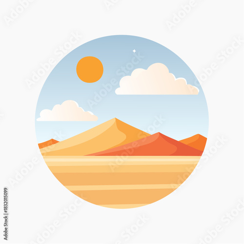 Vibrant Desert Landscape With Rolling Sand Dunes Under A Clear Blue Sky With Fluffy Clouds And Bright Orange Sun