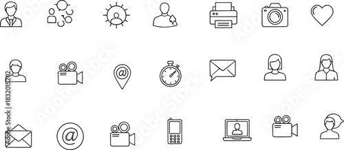 Minimal line art communication and business icons collection featuring email, phone, user profiles, video call and essential digital interface symbols