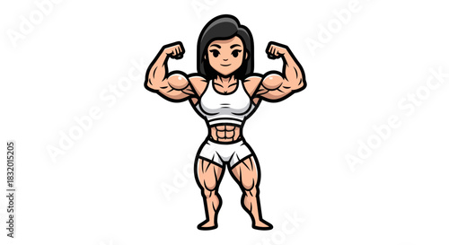 Cartoon Female Bodybuilder Flexing Muscles Depicting Strength and Fitness Illustration