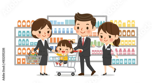 Cartoon family in suits with shopping cart and basket in grocery store concept