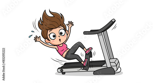 Cartoon girl falling off treadmill humorous illustration of fitness mishap or comical workout gone