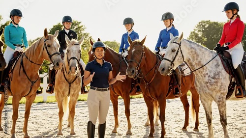 Equestrian Coach Explaining to Young Riders Sitting on Horses in Riding Arena