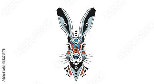 Stylized illustration of a hare head with colorful geometric patterns in a modern ethnic or tribal art style decoration.