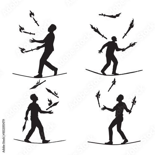 Circus performers juggling fire while walking tightropes in silhouette style