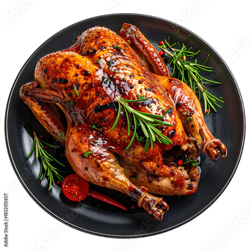 Golden brown whole roast duck with crispy skin, presented on a platter and isolated on a white background.
