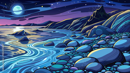 Dim nighttime coastline featuring wet smooth stones, gentle rolling waves, cool salty air, and a heavy quiet atmosphere across the dark rocky shore