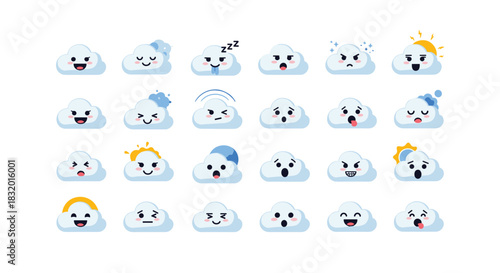 Large set of flat design kawaii cloud emoticons and cartoon characters showing a variety of cute facial expressions design.