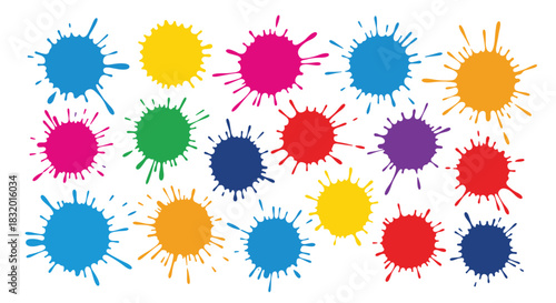 Colorful collection of vector paint splatters and ink blots in a variety of bright colors for a creative artistic design.