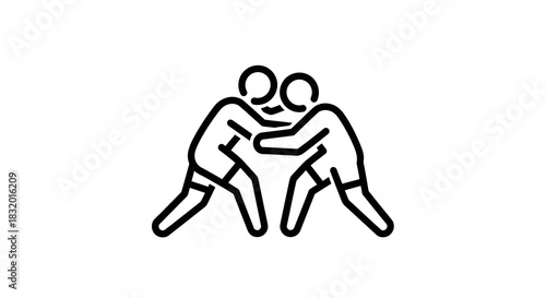 Dynamic grappling display: Two wrestlers in intense competition depicted in monochrome line art