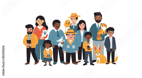 Diversity Celebration: Multigenerational Family with Beloved Animal Companions and Modern Devices