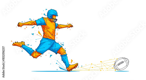 Dynamic polygon style football player kicking ball for victory illustration