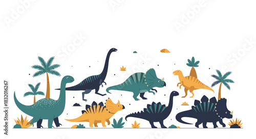 Group of various cartoon dinosaurs including a triceratops and stegosaurus in a prehistoric landscape with palm trees.